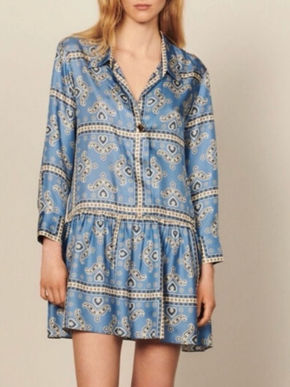 Sandro Blue Paisley Drop-Waist Long-Sleeve Women's Dress - Picture 1 of 16